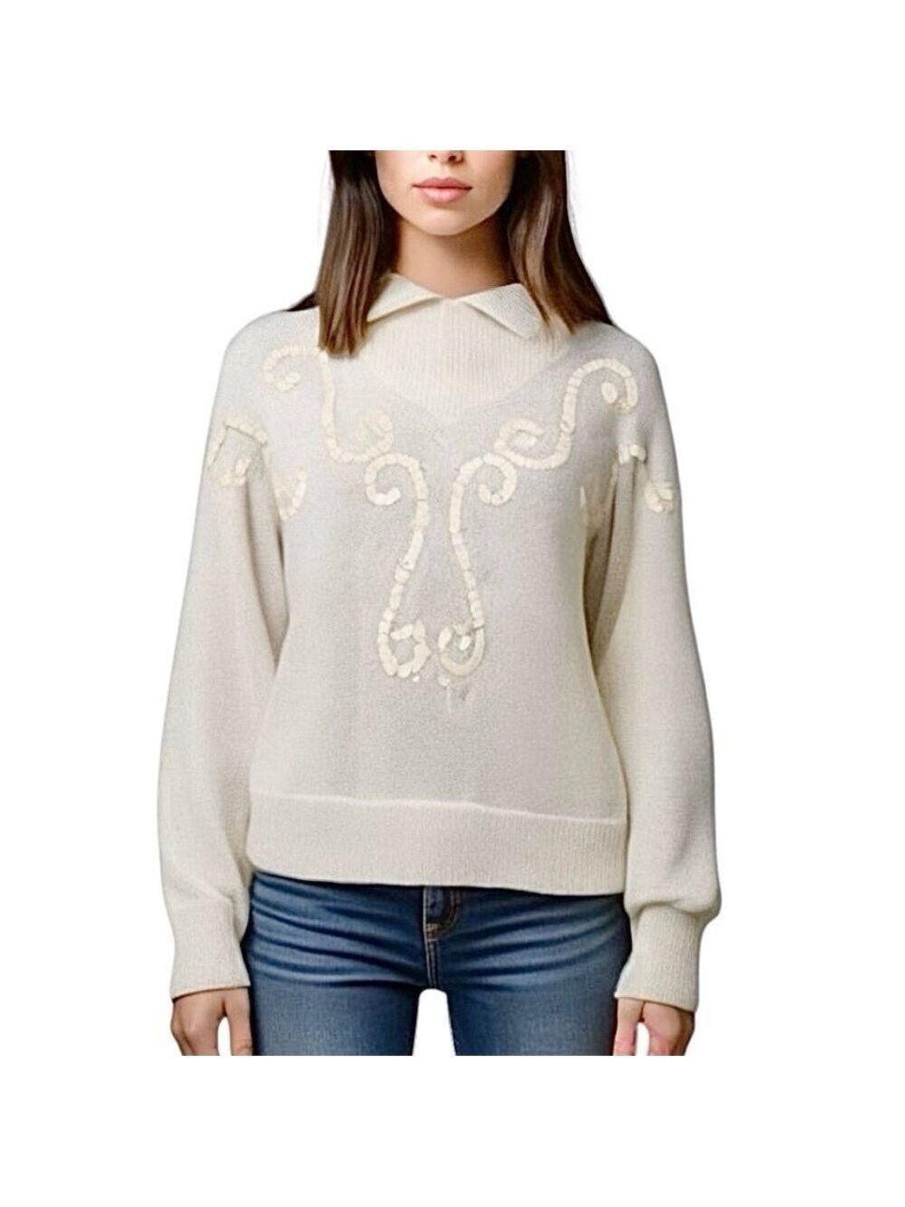 Vintage Kabri beige silver metallic sequin dolman sleeve sweater XS